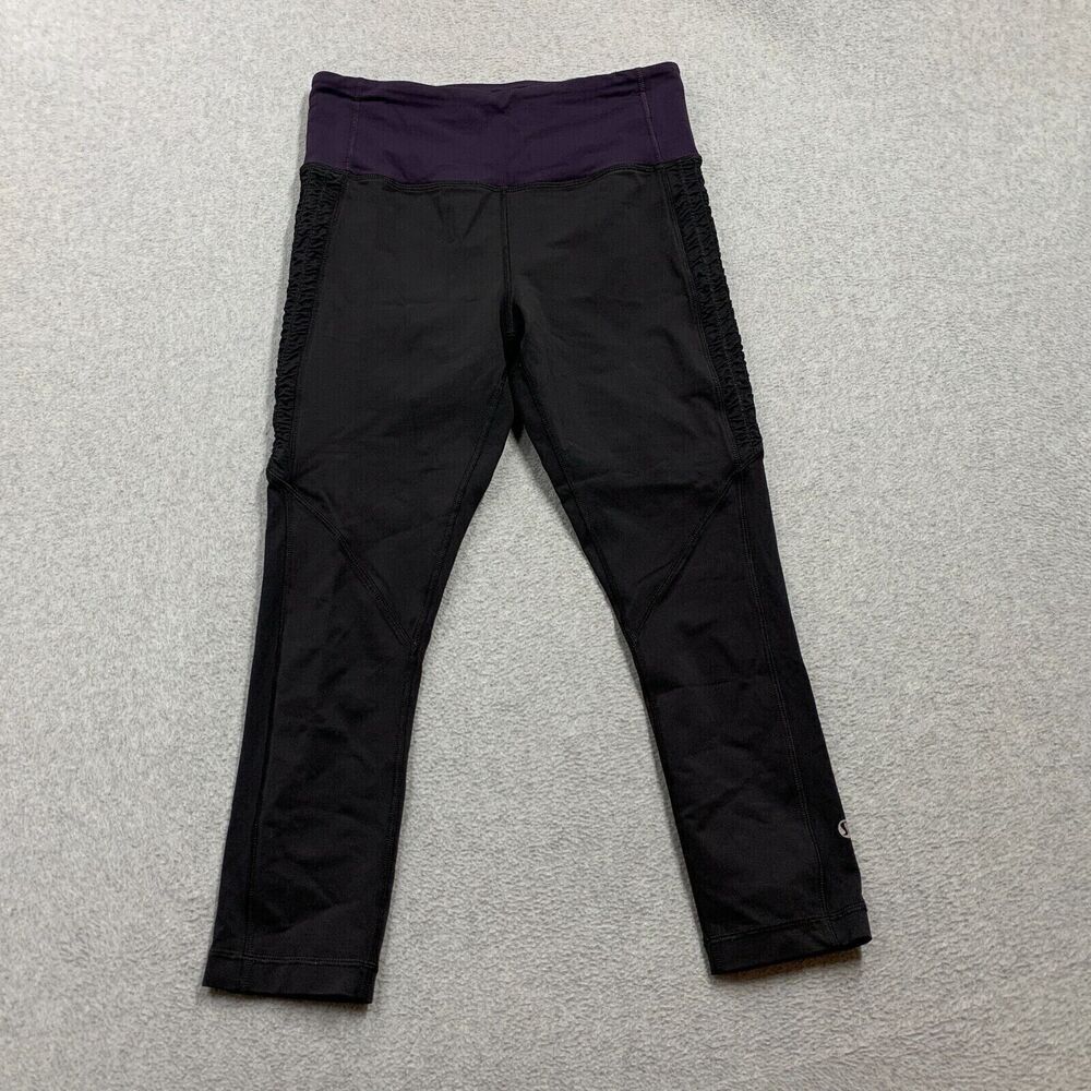 Lululemon Ruched Crop Leggings Womens 6 Black Purple Pants Athletic Gym Workout